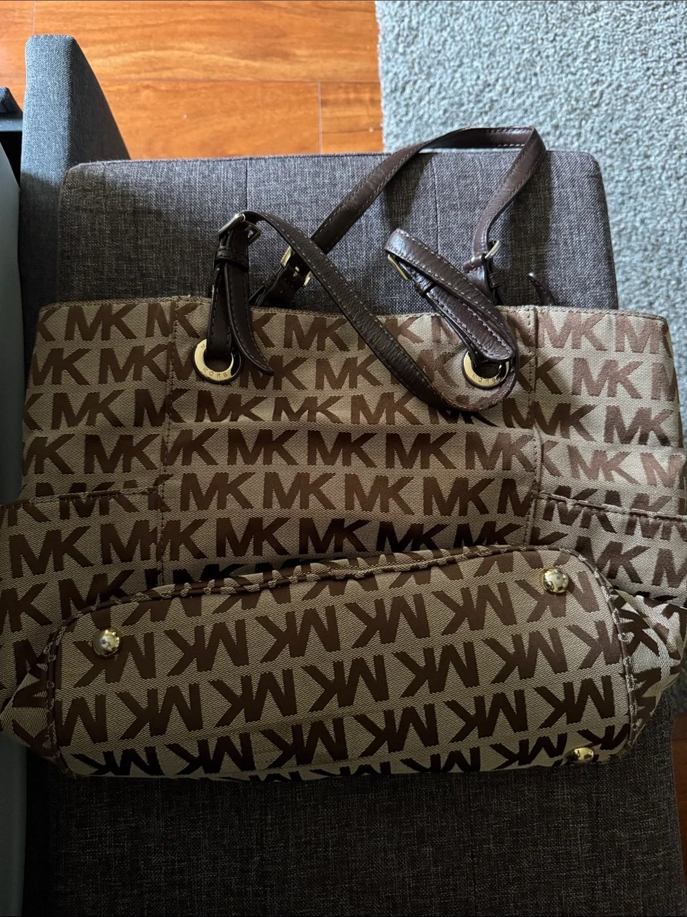 Michael Kors Brown/Beige MK Monogram Tote with Gold Charm